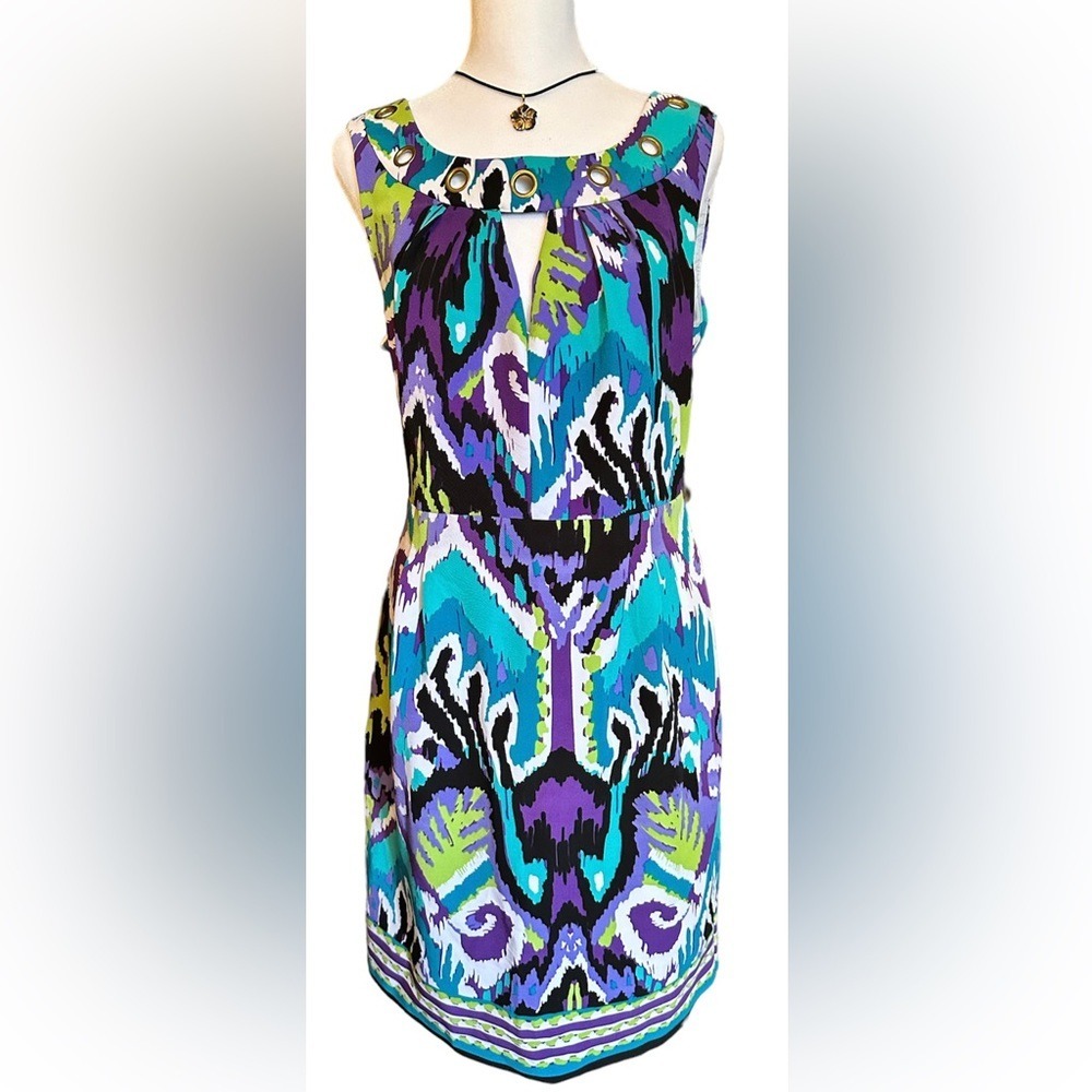 AA Studio Geometric Sleeveless Dress Size 12 Keyhole Grommet Neck Ikat Boho NWOT